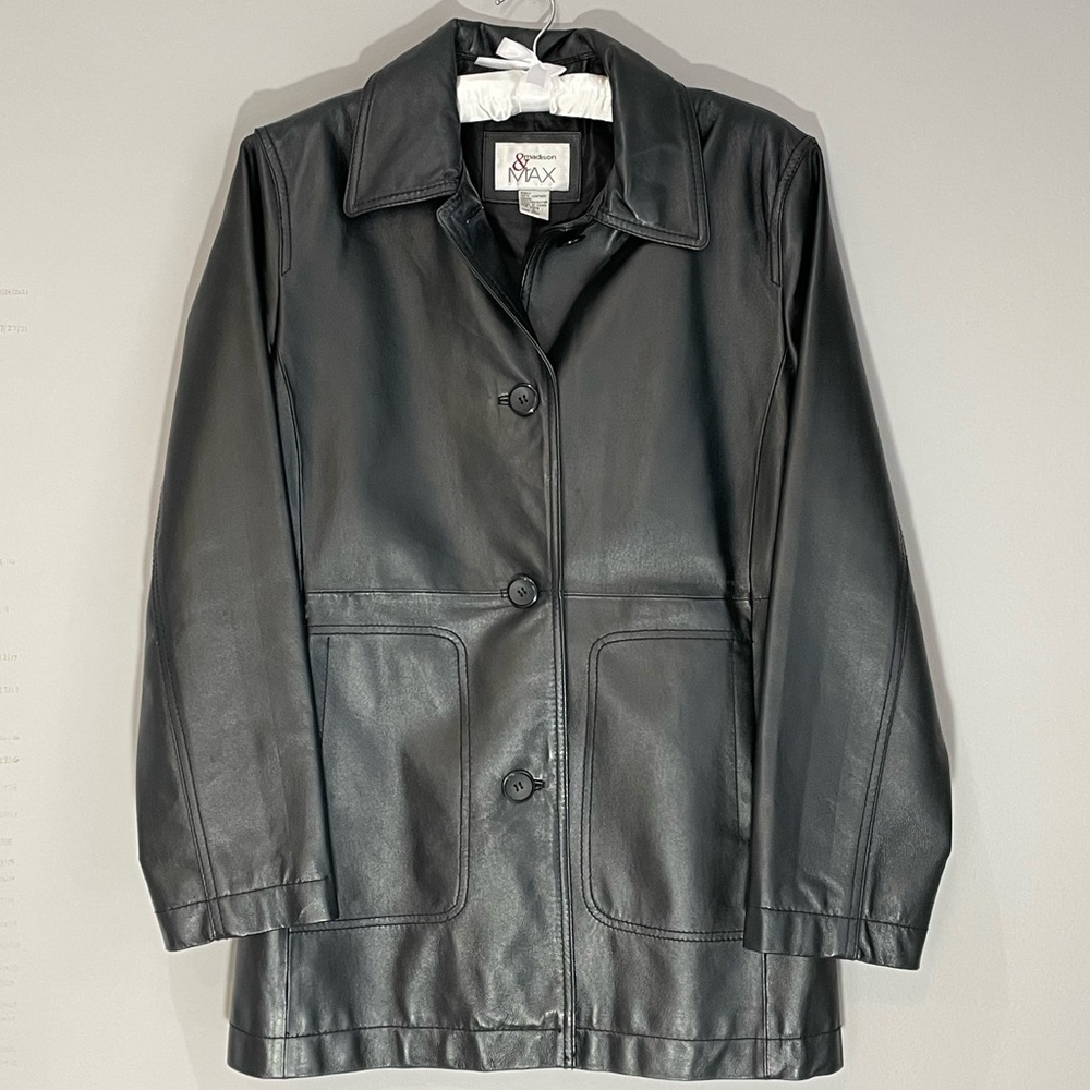 Vintage 90s Black Leather Jacket Large Minimalist Grunge Goth Biker Trench Coat - Picture 2 of 15